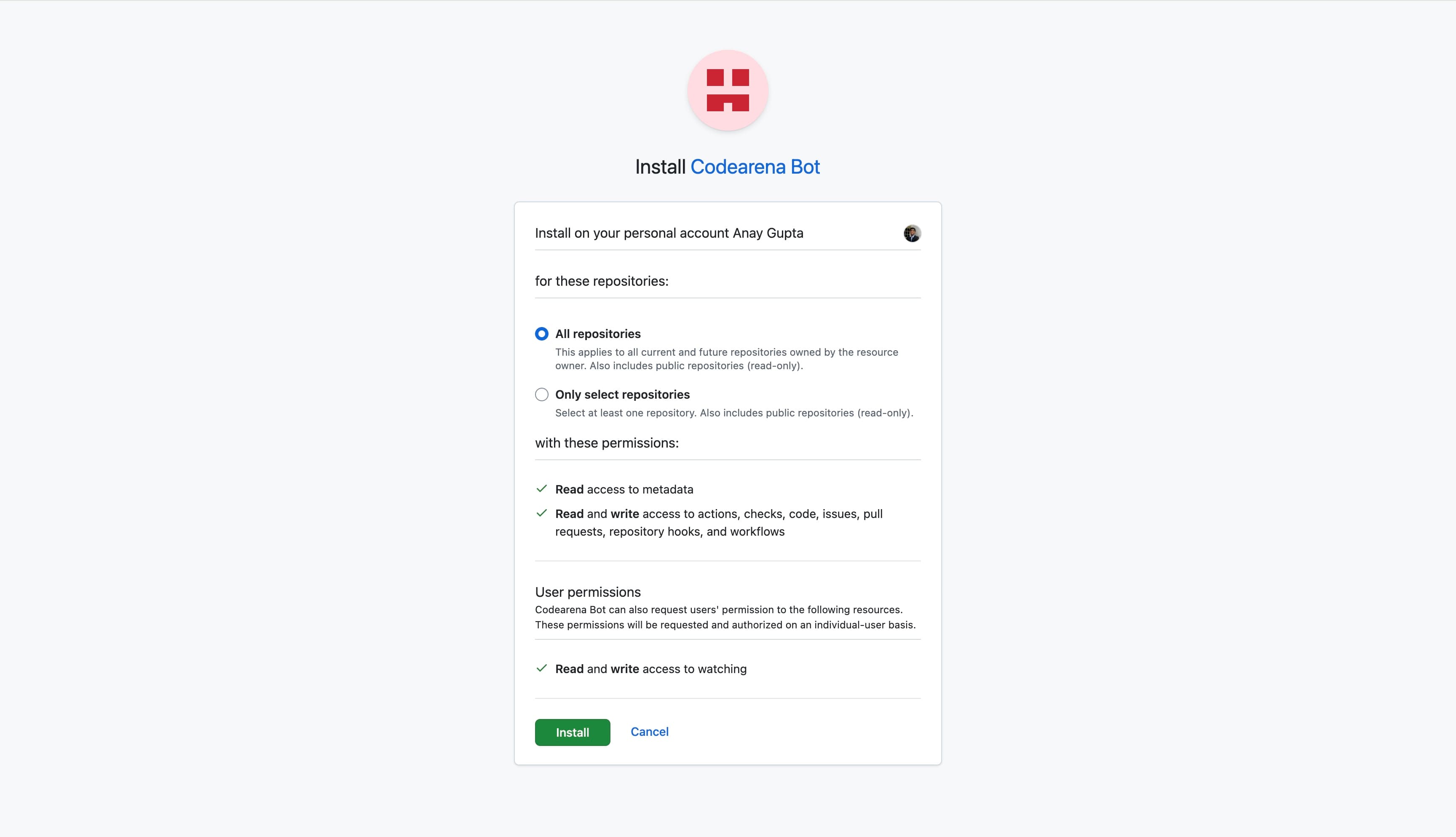 Authorizing the Codearena GitHub App
